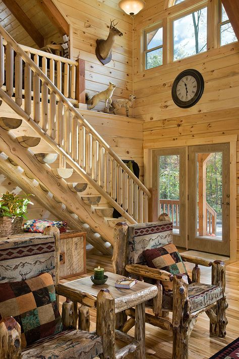 Rustic Staircase, Log Home Plan, How To Build A Log Cabin, Log Home Living, Log Home Interiors, Log Cabin Ideas, Outdoor Stairs, Foyer Decorating, Cabin Living