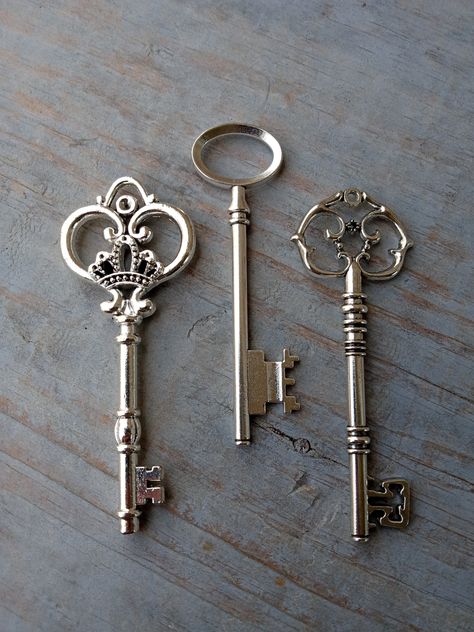 3 Large Skeleton Key Pendants in a Rustic Silver Finish! (3.15 to 3.25 inches long) Great finding for making bracelets, necklaces, earrings, other jewelry projects, steampunk creations, wedding decorations, and scrapbooking! You will receive: 1 of each key as pictured Double-sided; the design is on both sides. material: metal alloy; does not contain lead. Please let me know if you have any questions, or if you would like a listing for a different quantity! LOOKING FOR SOMETHING NOT IN OUR SHOP? Keys Aesthetic Vintage, Decorative Keys, Keys Aesthetic, Key Aesthetic, Steampunk Creations, Victorian Key, Skeleton Key Jewelry, Locks And Keys, Steampunk Key