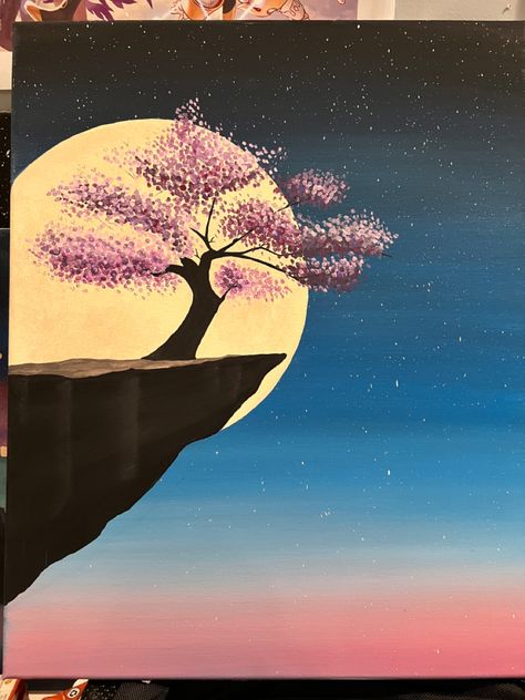 Cherry Blossom Moon Painting, Cherry Blossom Acrylic, Cliff Painting, Cherry Blossom Painting, Full Moon Rising, Big Moon, Sakura Tree, Oil Pastel Art, Moon Painting