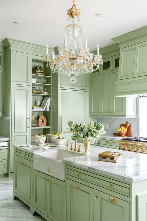 Pistachio Colored Kitchen, Lime Green Kitchen Cabinets, Pale Green Kitchen Cabinets, Bright Green Kitchen, Light Green Kitchen Cabinets, Pastel Kitchen Ideas, Lime Green Kitchen, Light Green Kitchen, Mint Green Kitchen