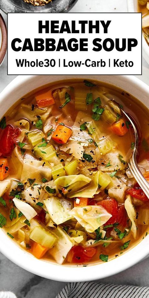 This healthy cabbage soup recipe is just what you need for the fall and winter soup season. It's light and simple, but extra comforting and delicious, especially when you add shredded chicken, ground beef, or sausage to it! Either way, it's a great low-carb and keto meal that can be adjusted for a cabbage soup diet and a Whole30 meal. Save this recipe for healthy soup inspiration! Cabbage Soup Diet Recipe 10 Pounds, Best Cabbage Soup, Healthy Cabbage Soup, Cabbage Soup Diet Plan, Cabbage Health Benefits, Healthy Cabbage, Cabbage Benefits, Cabbage Soup Diet Recipe, Cabbage Soup Recipe