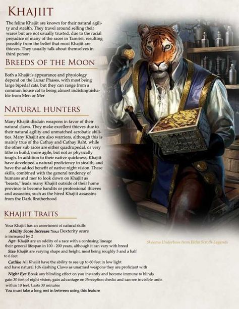 I made the Elder Scrolls races in 5e for a Campaign I'm working on. My first Homebrew so grammer, balance and format might not be up to par, but I had fun - Imgur Elder Scrolls Khajiit, Skyrim Dnd, Elder Scrolls Races, Skyrim Races, Skyrim Lore, Skyrim Fanart, Skyrim Game, Elder Scrolls Lore, Character Info