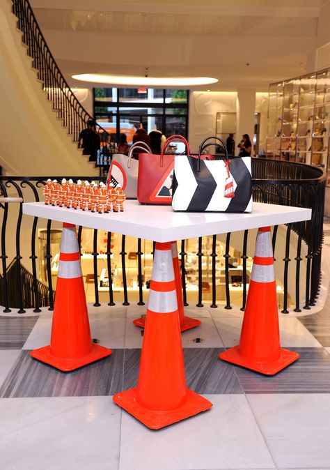 Traffic Cone Table, Hot Handbags, Traffic Cone, New Bags, Exhibition Display, Retail Store Design, Retail Interior, Creative Furniture, Window Displays