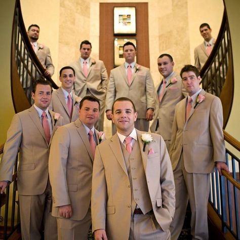 Brown And Pink Wedding, Fall Groomsmen, Tan Tuxedo, Khaki Wedding, Wedding Suits For Men, Groomsmen Tuxedos, Prom Blazers, Tan Suit, Groomsmen Suits