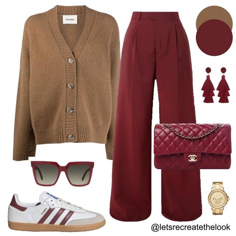 Burgundy Trousers - 10 Outfit Ideas 🐙 Here are 10 more colors that pair well with burgundy! Which is your favorite? As fall approaches it’s time to break out our sweaters. Instead of just pairing them with jeans, here’s a reminder that wide leg trousers are a more elevated option but just as comfortable! So for an elevated casual look, try pairing your sweaters with your trousers! You can still wear your sneakers with them! 😉 So save this post for style inspiration and look in your closet to... Wine Color Pants Outfit, Burgundy Sneakers Women Outfit, Burgundy Wide Leg Pants Outfit, Burgundy Sweatpants Outfit, Maroon Pants Outfit Work, Red Pants Outfit Winter, Wine Colored Pants Outfit, Burgundy Blazer Outfit Woman, Burgundy Trousers Outfit