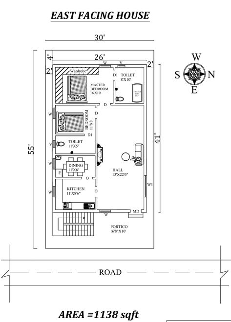 Autocad Drawing file shows 26'X41' The Perfect Fully Furnished 2bhk East facing House Plan Layout As Per Vastu Shastra. The total buildup area of this house is 1138 sqft. The kitchen is in the Southeast direction. Dining near the kitchen is in the south direction. The living area is available in the Northeast direction. The master bedroom available in the southwest direction with the attached toilet is in the northwest direction. kid's bedroom/Drawing room is in the south direction. A staircase 1 Bhk Plan Layout, East Facing House Plan Vastu, 2 Room House Plan, East Facing Plan, House Plan Layout, 1200sq Ft House Plans, East Facing House Plan, Drawing House Plans, West Facing House