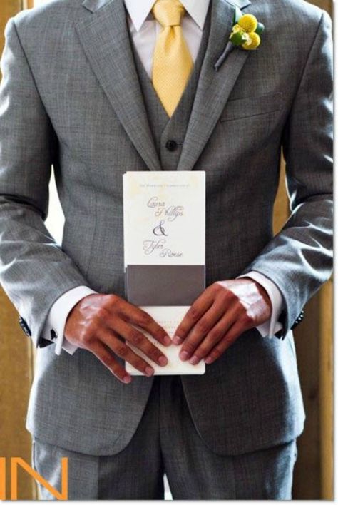 Dapper groom in his charcoal grey suit and yellow tie ... Yellow Wedding Theme, Yellow Tie, Suits Men, Groomsmen Attire, Yellow Wedding, Groom Wear, Gray Suit, Groom Attire, Wedding Suits Men