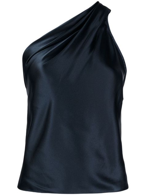 charcoal grey silk satin weave draped detailing one-shoulder sleeveless straight hem Png Tops, Designer Clothes Women, Satin Tops, Black Satin Top, Luxury Tops, Fancy Fits, Classy Clothes, Silk Shirts, Silk Tops