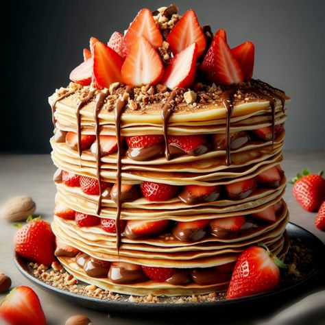 DELICIOUS Pancake Stack Recipe with Strawberry and Nutella | Homemade Recipes 2024 Nutella And Pancakes, Stack Of Pancakes Cake, Strawberry Pancake Topping, Pancake Strawberry Topping, Nutella Pancakes, Ihop Strawberry Cheesecake Pancakes, Homemade Strawberry Cake, Rustic Recipes, Pancake Stack