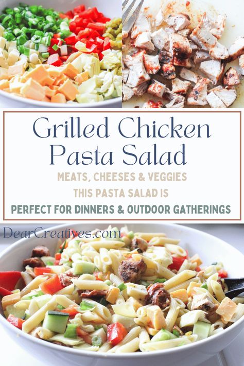 Grilled Chicken Pasta Salad (image) The perfect spring, summer, fall, or winter. Pasta salad featuring juicy grilled chicken, flavorful chicken sausage, two types of cheese, and a colorful mix of fresh veggies. It's easy to make this pasta salad with chicken or customize with your favorite ingredients. The pasta salad recipe is a crowd-pleaser at outdoor gatherings, BBQs, or for dinner. Make this delicious  pasta salad recipe today! Print the chicken pasta salad recipe at DearCreatives.com Winter Pasta Salad, Grilled Chicken Pasta Salad, Pasta Salad With Chicken, Chicken Breast Pasta, Delicious Pasta Salad, Winter Pasta, Grilled Chicken Pasta, Chicken Pasta Salad Recipes, Juicy Grilled Chicken