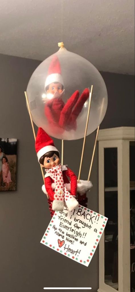 Bringing Elf On The Shelf Back With A Friend, How To Get An Elf In A Balloon, Elf Return With Friend, Elf On The Shelf I’m Back With A Friend, Elf Inside A Balloon, Elf On Shelf In Balloon, Elf Bringing New Friend, Elf On The Shelf Hot Air Balloon Diy, Elf On The Shelf In A Balloon