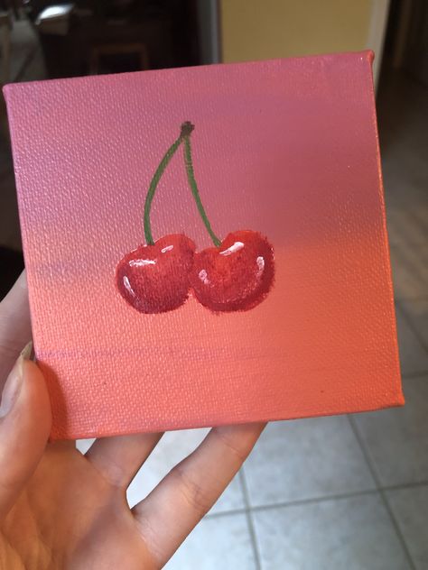 Easy Cherry Painting, Cherry Painting Aesthetic, Cherry Painting Easy, Cherry Painting Acrylic, Cherry Art Aesthetic, Tiny Canvas Ideas, Tiny Paintings Simple, Tiny Canvas Painting Ideas, Tiny Canvas Art