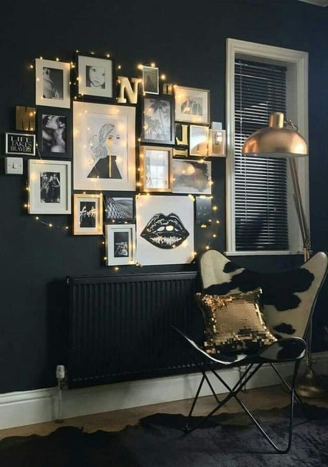 Fairytale Bedroom, Wall String Lights, Trendy Bedroom, Dorm Room Decor, Black Walls, Front Room, My New Room, Interior Design Bedroom, Bedroom Diy