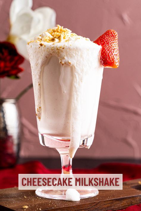 Image of a cheesecake milkshake glass with topped whipped cream and a piece of strawberry on the side of the glass top. Cheesecake Milkshake, Nutella Milkshake, Strawberry Banana Milkshake, Homemade Milkshake, Oreo Milk, Rich Cheesecake, Oreo Milkshake, Cream Cheese Pound Cake, Classic Cheesecake