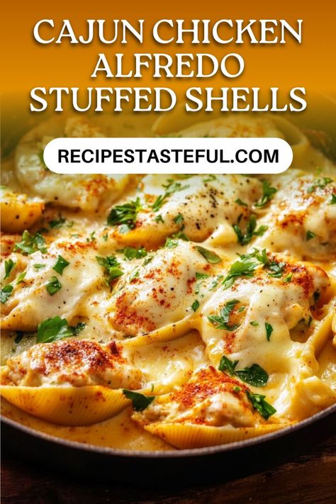 Indulge in these creamy Cajun Chicken Alfredo Stuffed Shells, filled with ricotta, tender chicken, and broccoli, all smothered in a rich Cajun Alfredo sauce. This delicious dish is a perfect blend of comfort and flavor! Garlic Butter Chicken Alfredo Shells, Chicken Ricotta Stuffed Shells, Chicken Stuff Shells Recipes, Stuffed Shells Alfredo Chicken, Cajun Chicken Alfredo Stuffed Shells, Stuffed Chicken Shells Recipes, Cajun Chicken Stuffed Shells, Chicken Stuffed Shells Recipe, Chicken Broccoli Stuffed Shells