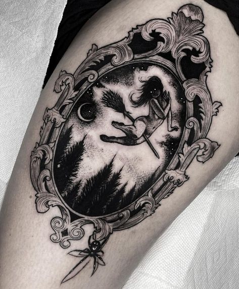 Unique Quarter Sleeve Tattoos For Women, Gothic Thigh Tattoo, Black Veil Tattoo, Veil Tattoo, Mirror Tattoos, Framed Tattoo, Goth Tattoo, Witch Tattoo, Magic Tattoo