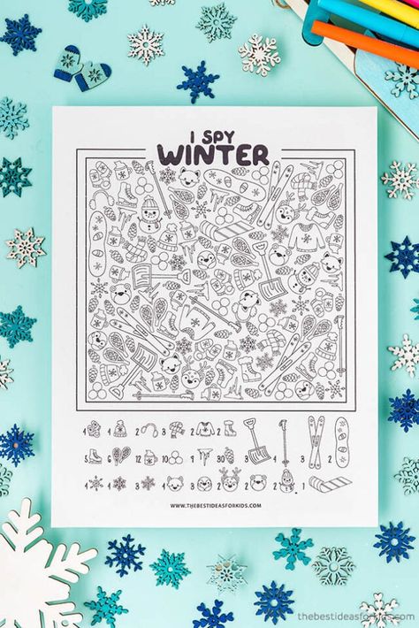 Winter Word Search Free Printable Kids, Printable I Spy Pages, Winter Puzzles For Kids, Winter Hidden Pictures Free Printable, Christmas Hidden Pictures Printable, I Spy Coloring Page Free Printable, Winter I Spy Free Printable, January Printables Free For Kids, Printable Winter Crafts For Kids