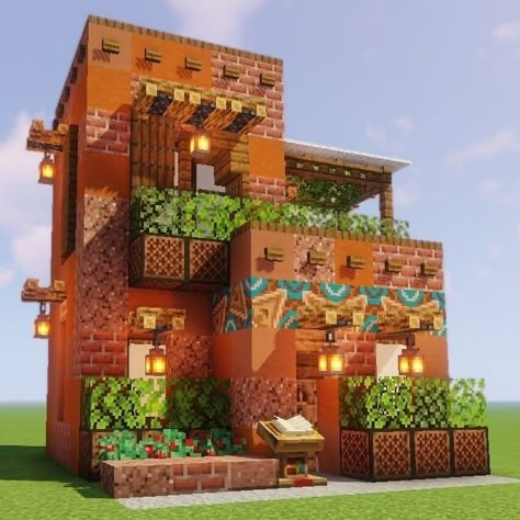 Spanish Style Homes Minecraft, Minecraft Shop Front Ideas, Minecraft Glazed Terracotta House, Minecraft Terracotta House Ideas, Minecraft Encanto House, Spanish Style Minecraft House, Minecraft Terakota House, Minecraft African House, Acacia Biome House Minecraft