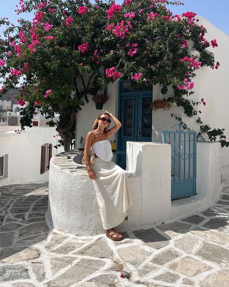 Neutral tones for hot summer days 🤍 📍 Bougainvillea Corner House, Lefkes #ootd #outfit #greece #travel #inspo #paros | Instagram Greece Honeymoon, Honeymoon Outfits, Corner House, Bougainvillea, European Summer, Paros, Greece Travel, Ootd Outfit, Travel Inspo