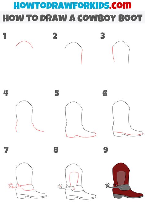 how to draw a cowboy boot step by step How To Draw A Cowgirl Boot, Easy Cowboy Boots Drawing, Cowboy Boots Art Reference, Easy Boot Drawing, How To Draw A Cowboy Hat Step By Step, Cowboy Boots Acrylic Painting, How To Draw A Cowboy Boot Step By Step, How To Draw Boots Step By Step, Cowboy Drawings Easy