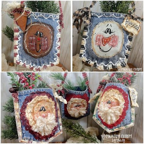 Country Rustic cute whimsical faces painted on recycled denim pockets - video tutorial available too. Diy Christmas Decorations Dollar Store, Pocket Ideas, Whimsical Faces, Christmas To Do List, Friend Crafts, Blue Jeans Crafts, Homemade Christmas Decorations, Snow Much Fun, Dollar Store Christmas