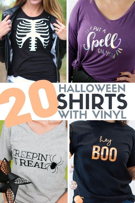 20 of the best DIY Halloween Shirts made with Vinyl! Get your Halloween Fashion for the whole family. #halloweenshirts #halloweencrafts #diyshirts Shirts With Vinyl, Ironic Shirts, Diy Halloween Shirts, Room Decor Crafts, Home Decor Diy Crafts, Halloween Tee Shirts, Shirt Tutorial, Cricut Halloween, Batman T Shirt