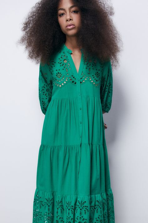 Schiffli shirt dress - Woman | Dresses and skirts | SFERA Schiffli Dress, Trendy Shirt Designs, Dress With Puff Sleeves, Woman Dresses, Shirt Dresses, Ladies Tops Fashion, Puff Sleeves, Style Me, Puff Sleeve