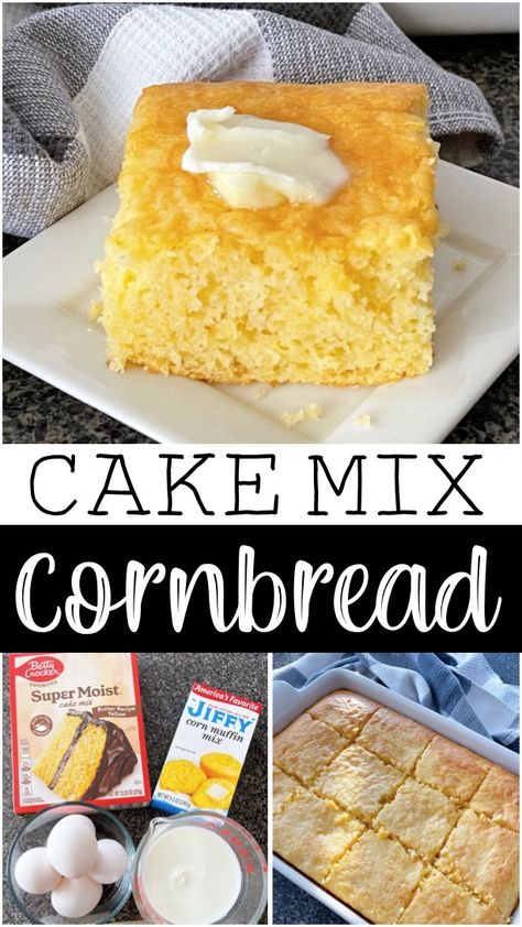 If you're looking for a delicious and easy dessert or side dish that combines the best of both worlds, look no further than cornbread cake made with Jiffy cornbread muffin mix and a box of yellow cake mix. This delightful treat takes the beloved flavors of sweet traditional cornbread and moist yellow cake and brings them together in perfect harmony. Jiffy Cornbread With Yellow Cake, Cake Mix Cornbread Muffins, Jiffy And Cake Mix Cornbread, Best Cornbread Recipe Jiffy Cake Mixes, Make Cornbread Mix Better, Yellow Cake Mix Cornbread, Cornbread Yellow Cake, Yellow Cake Mix Recipes Boxed Easy, Yellow Cake Mix Muffins