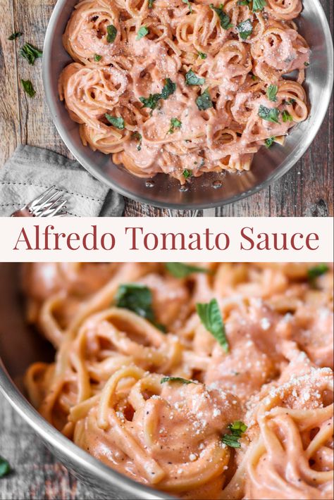 Creamy Tomato Alfredo Sauce, Pasta Sauce Recipes Without Heavy Cream, Alfredo And Tomato Sauce Pasta, Alfredo Tomato Sauce Recipe, Alfredo Sauce Meals, Red Alfredo Sauce Recipe, Meals With Alfredo Sauce, Recipes That Use Tomato Sauce, Two Sauce Pasta