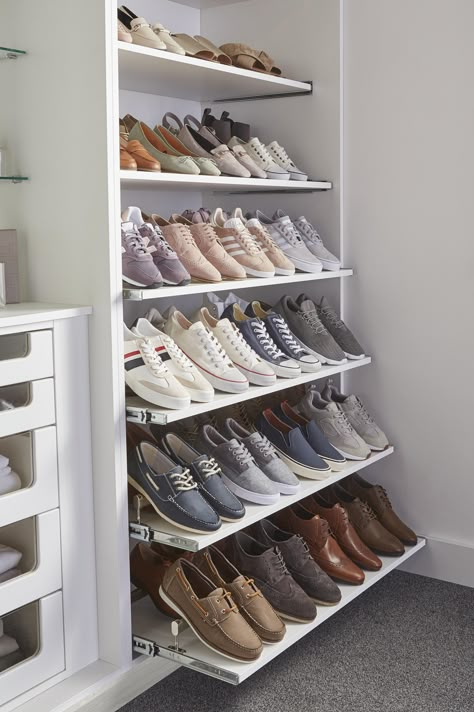 Get organized and add a touch of elegance to your space with our brilliant shoe storage solutions. Say goodbye to clutter and hello to a chic and tidy home. Walk In Wardrobe Design, Dressing Room Design Small Space, Dressing Design, Dressing Room Ideas, Dressing Room Decor, Simple Dressing, Dressing Room Closet, Closet Shoe Storage, Walk In Closet Design