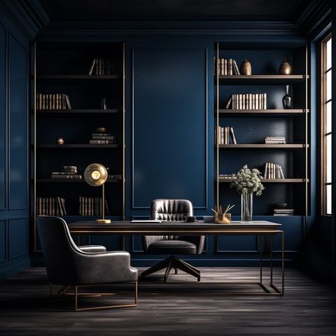 Style and sophistication is captured beautifully in this recent home office design. The deep hues of navy blue complimented by accents of metals prove to be a match made in heaven. Luxury finishes and bespoke shelving mean this design is poised to set you up for success - I mean you already have success, but here is more! So if you're ready to upgrade your home office space, to a room of tranquil serendipity then get in touch today. #HomeOfficeInspo #SuccessMotivation #HomeOfficeStyle Dark Blue Home Office Ideas, Dark Blue Office Ideas, Blue Office Interior, Navy Blue Office Ideas, Dark Blue Home Office, Classic Office Design Luxury, Blue Office Design, Home Office Navy, Navy Home Office