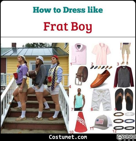 Frat boy costume is a long-sleeved buttoned down shirt, cargo shorts, a black leather belt, boat shoes, and a sport cap.           #misc #male #funny #misc #group #offensive Frat Boy Outfits Spirit Week Guys, Diy Frat Boy Costume, Frat Boy Costume Spirit Week, Frat Boy Dress Up Day, Frat Boy Costume For Girls Outfit, Frat Bro Costume, Frat Guy Costume, Frat Boy Outfits Spirit Week, Frat Boy Style