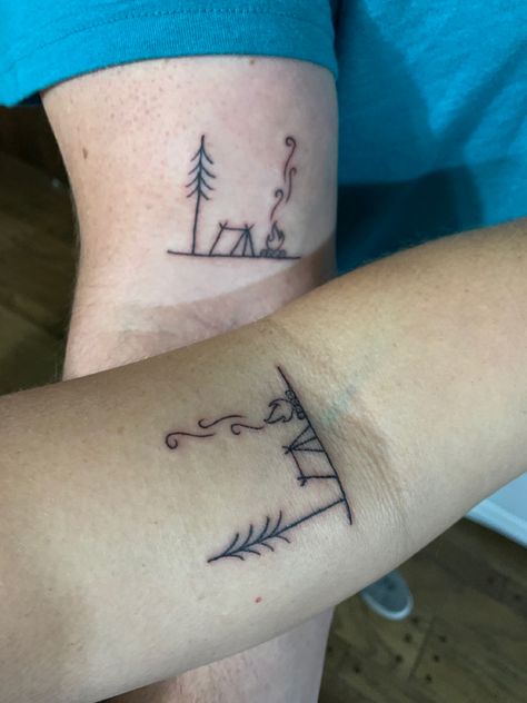 Couple Camping Tattoo, Camping Tattoos For Couples, Hiking Couple Tattoo, Camping Couple Tattoos, Canoe Tattoo Ideas, Nature Matching Tattoos, Camping Tattoo For Women, Campfire Tattoo Simple, Simple Camping Tattoo