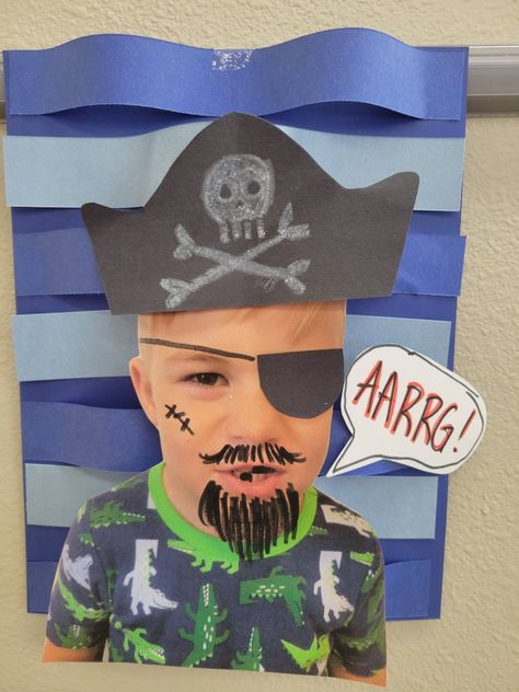 Preschool craft project. Turn yourself into a pirate! Pirate Curriculum Preschool, Pirate Week Preschool Activities, Pirates And Princesses Preschool, Pirate Hook Craft, Pirate Theme Summer Camp Activities, Pirates And Mermaids Crafts, Pirate Toddler Crafts, Pirate Craft Preschool, Pirate Day Activities For Kids