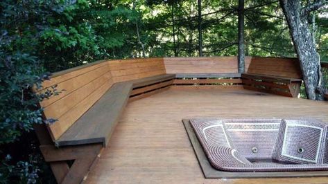 Top 60 Best Deck Bench Ideas - Built-In Outdoor Seating Designs Bench Railing, Rustic Railing, Rustic Deck, Deck Bench, Railing Designs, Deck Seating, Hot Tub Deck, Deck Steps, Floating Deck