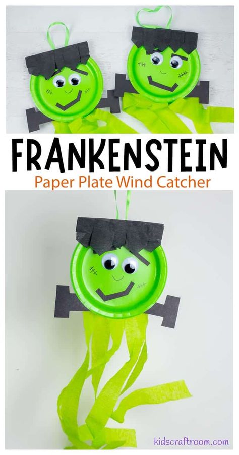 How to make a kids Frankenstein Wind Catcher from a paper plate. New Year Card Ideas, Frankenstein Craft, New Year Card Making, Boy Crafts, Flower Wall Decoration, Vbs Craft, Storytime Ideas, Paper Bat, Fun Halloween Games