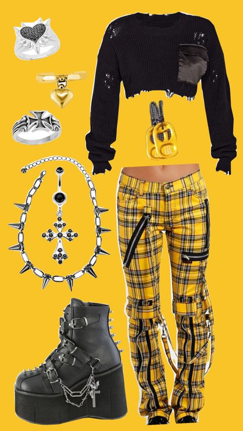 Goth in every colour - YELLOW Black And Yellow Goth Outfit, Yellow Alt Outfit, Yellow Goth Aesthetic, Yellow Goth, Mall Goth Outfits, Badass Outfit, Oc Outfits, Yellow Clothes, Scene Outfits