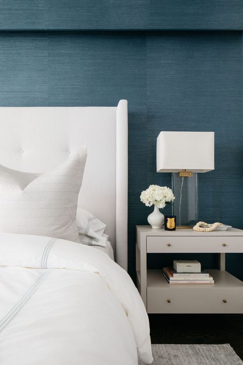 Modern Beach Bedroom, Italian Coast, Crystal Table Lamps, Grasscloth Wallpaper, Master Bedding, Blue Bedroom, Wallpaper Bedroom, Living Room Inspo, Upholstered Furniture