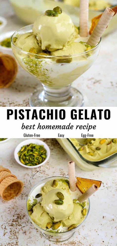 Enjoy the creamy and incredibly flavorful pistachio gelato with this easy recipe. Learn my secret to maximize the richness, flavor and color of the lovely pistachios for this nutty treat. Use an icecream maker or try other ways. #pistachiogelato #gelatorecipe #pisachioicecream Ninja Creami Pistachio Gelato, Homemade Pistachio Pudding, Pistachio Baked Goods, Pistachio Paste Recipe Desserts, Pistachio Liquor Recipes, Pistachio Ice Cream Recipe Ninja Creami, Pistachio Ninja Creami, Homemade Gelato With Ice Cream Maker, Pistachio Ninja Creami Recipe