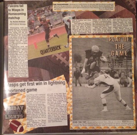 Senior scrapbook. Sports scrapbook. Scrapbook with newspaper clippings. Football scrapbook. Layouts. Scrapbook ideas. Football Scrapbook Layouts, Sports Layout, Senior Scrapbook Ideas, Football Scrapbook, Sport Crafts, Basketball Books, Sport Ideas, Scrapbooking Sports, Graduation Scrapbook