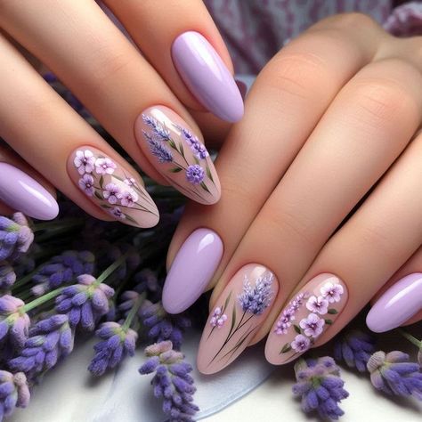 Loveshackfancy Inspired Nails, Nails With Lavender Flowers, Wisteria Nail Art, Bridgerton Nails Ideas, Lavender Flower Nails, Floral Wedding Nails, Purple Wedding Nails, Lilac Nails Design, Spring Nail Art Designs