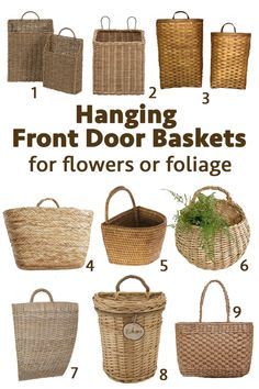 Hanging Front Door Basket, Hanging Baskets Front Door, Hanging Flower Baskets Front Door, Front Porch Hanging Baskets Ideas, Front Door Decor Plants, Basket Wreaths For Front Door Diy, Fall Door Baskets With Flowers, Basket Door Decoration, Spring Basket Wreaths For Front Door