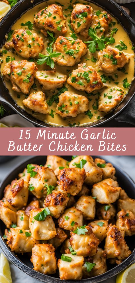 15 Minute Garlic Butter Chicken Bites Recipe | Cheff Recipes Simple Quick Chicken Recipes, Butter Garlic Chicken Bites, Last Minute Chicken Dinner, Chicken Garlic Bites, Quick Chicken Lunch Recipes, Creamy Chicken Bites, Lemon Butter Chicken Bites, Chicken Cube Recipes, Easiest Chicken Recipe