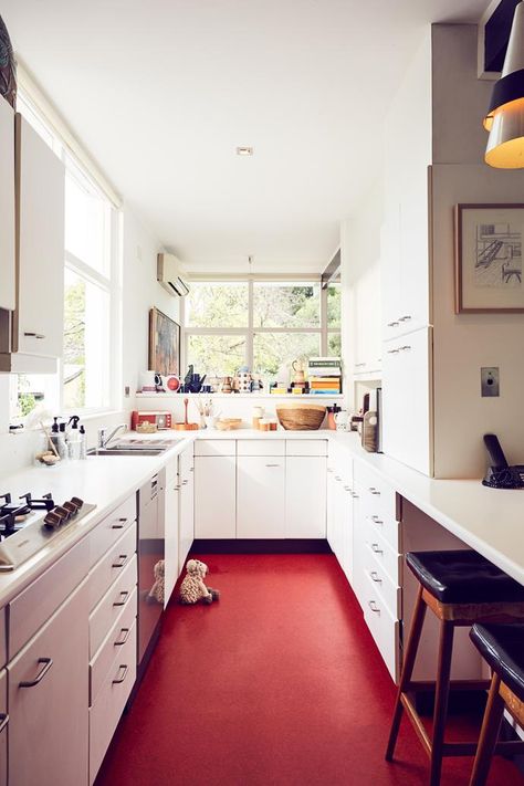 Kitchen Floor Ideas, Interesting Flooring, Transition Flooring, Kitchen Floors, 1950s House, Red Floor, Floor Ideas, Slate Flooring, Elegant Kitchens