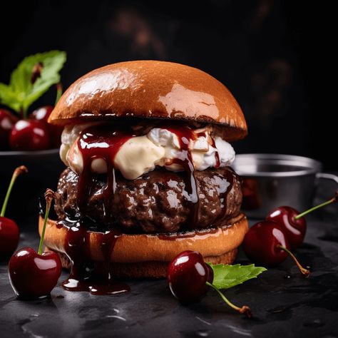 Espresso and Cocoa Rubbed Beef Burger with Mascarpone and Cherry Reduction Recipe Food Truck Food Photography, Cherry Burger, Burger Ideas Creative, Luxury Burger, Beef Burger Recipes, Burger Aesthetic, Bad Burger, Gourmet Burgers Recipes, American Burger