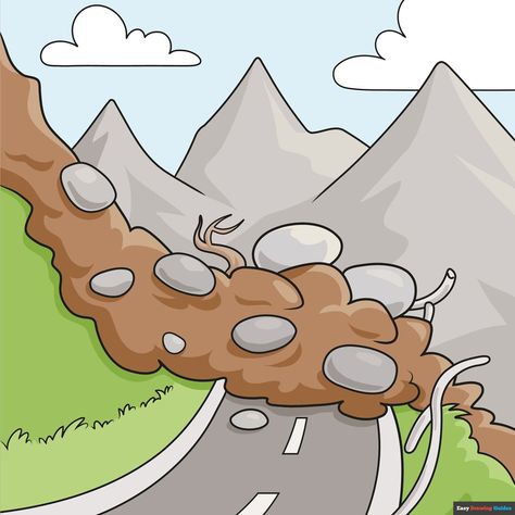 Landslide Drawing, Nature Drawing For Kids, Road Drawing, Landscape Drawing Tutorial, Project Cover Page, Creative School Project Ideas, Mountain Drawing, Flower Drawing Tutorials, Easy Drawing Tutorial