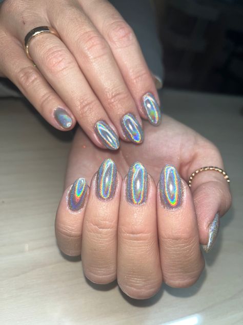 Silver Holo Nails, Holo Chrome Nails, Holographic Chrome Nails, Sparkly Gel Nails, Aesthetics Nails, Chrome Nail Ideas, Halo Nails, Chrome Nail Designs, Navy Nails