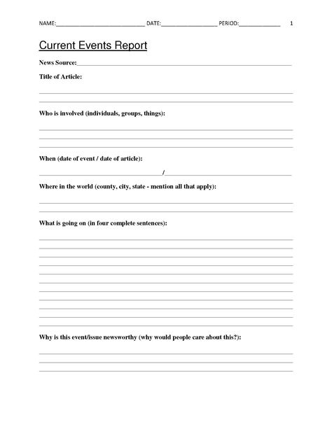 Current Events Report Worksheet for Classroom Teachers Current Events Activities High Schools, High School Worksheets, Current Events Activities, Summarizing Worksheet, Homework Template, Current Events Worksheet, Teaching Government, Economics Lessons, Geography Worksheets