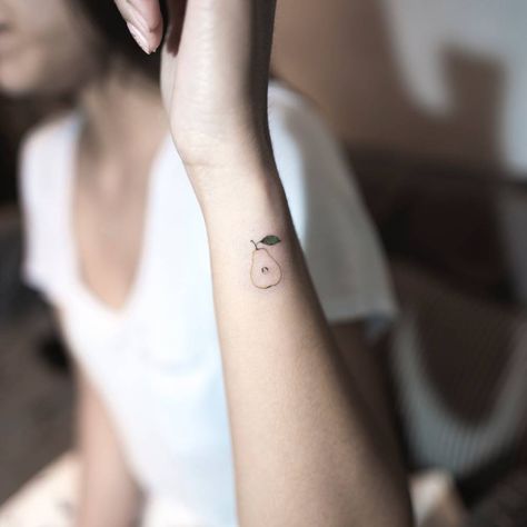 Pear tattoo on the left wrist. Pear Tattoo, Emoji Tattoo, Minimalist Tattoo Meaning, Paris Tattoo, Typography Tattoo, Create A Tattoo, French Tattoo, Tattoo Zeichnungen, Delicate Tattoo