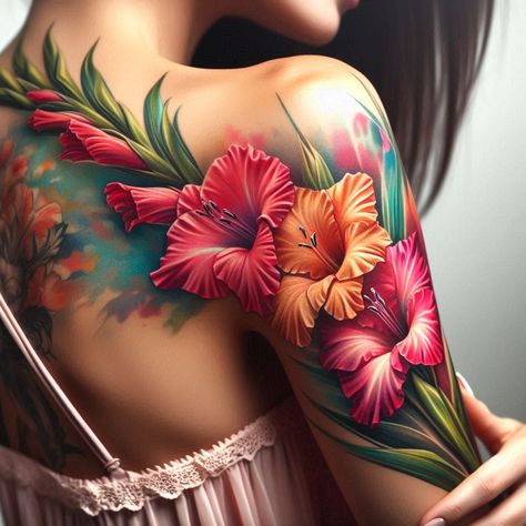 Birth Flower Tattoo Bliss: Stunning Designs | Pocoko Floral Tattoo Design Sleeve, Gladiolus Flower Tattoo, August Flower Tattoo, Tropical Flower Tattoos, Gladiolus Tattoo, Warrior Tattoo Sleeve, Thumb Tattoos, Remembrance Tattoos, Gladiolus Flower